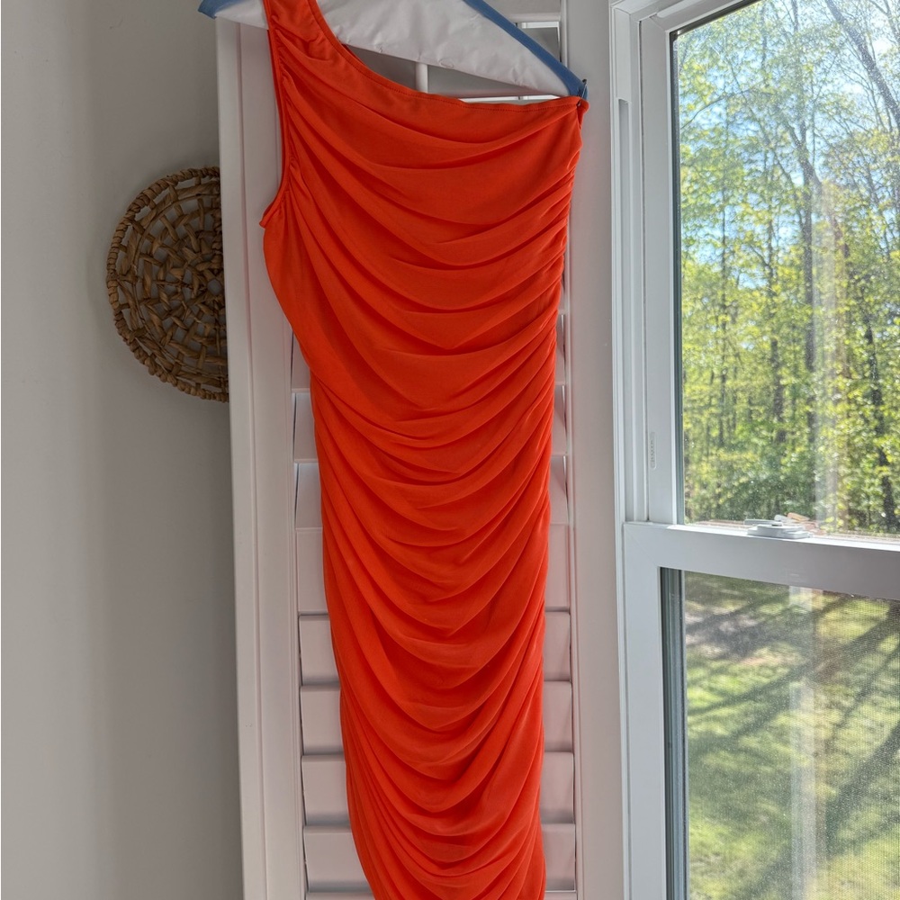 Orange One-Shoulder Mesh Cocktail Dress